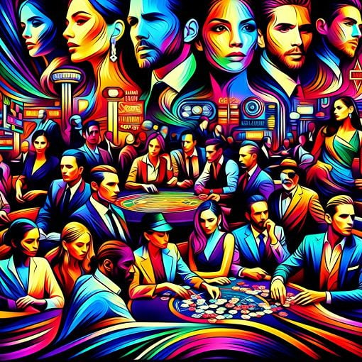 A vibrant and colorful illustration of characters from a dramatic Turkish TV series set in a casino, showcasing elements of romance and intrigue.