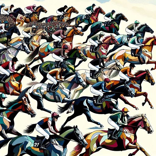 Create an artistic illustration of horses in a racing scene, with vibrant colors and a whimsical atmosphere, capturing the spirit of horse racing and camaraderie between horse and rider.