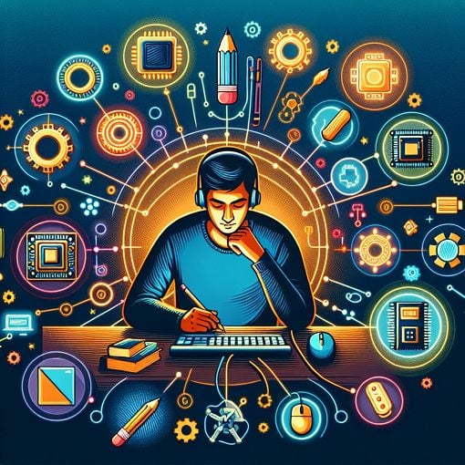 An illustration of a person taking a computer technology quiz, surrounded by computer icons and educational tools, vibrant colors, modern design