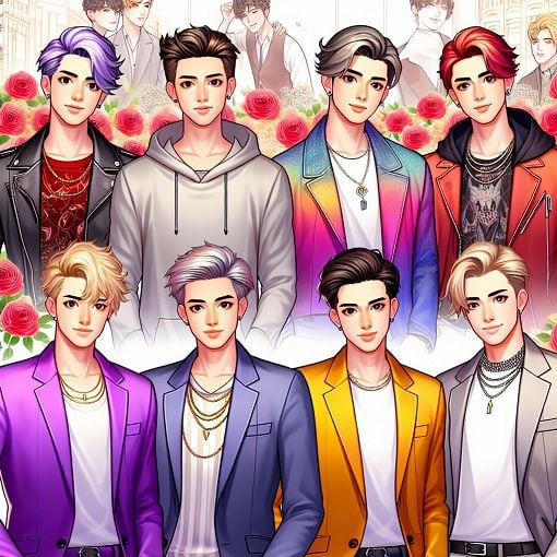 An illustration of the NCT 127 boy band members with vibrant colors and romantic motifs in the background, depicting a fun and playful atmosphere.