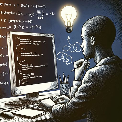 Generate an illustration of a person studying Python programming on a computer with code snippets and a lightbulb moment.