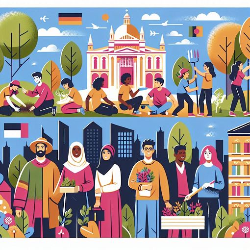 A vibrant and inspiring illustration of young volunteers working on community projects in diverse European settings, showcasing cultural exchange and teamwork.