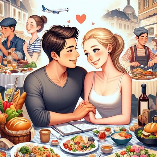 A charming and romantic illustration of a couple, Carl and Brittnee, on their first date in a cozy market setting, with elements of travel, cooking, and friendship in the background.