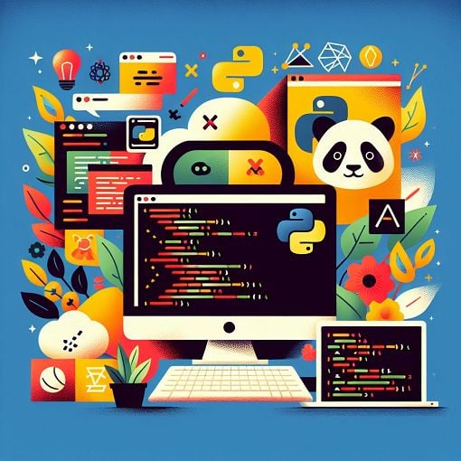 A colorful and engaging illustration representing Python programming with code snippets, a computer screen, and icons of Python libraries such as pandas and NumPy.