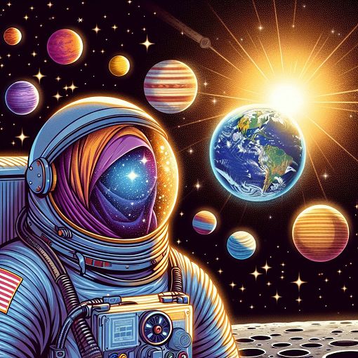 A vibrant illustration of the solar system featuring planets, the sun, and a human astronaut on the moon, with stars in the background.