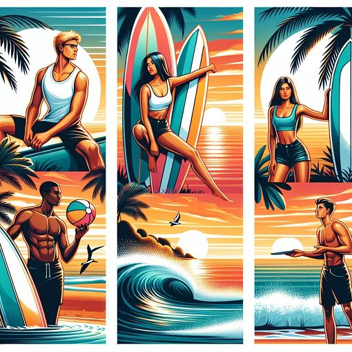 A vibrant beach scene with characters inspired by Outer Banks, featuring surfboards, palm trees, and the ocean at sunset.