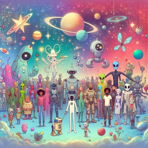 A whimsical digital illustration depicting a diverse group of sci-fi characters in a fantastical space setting, featuring a mix of aliens, robots, and human travelers among planets and stars.