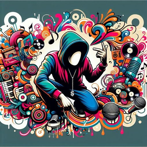 Create an illustration of a vibrant, graffiti-inspired mural featuring Eminem's iconic poses, surrounded by elements representing hip-hop culture, music notes, and colorful abstract shapes.