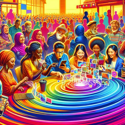 A vibrant and colorful image illustrating diverse people engaging with digital content, including gifs and images, set in a lively, inclusive community environment.