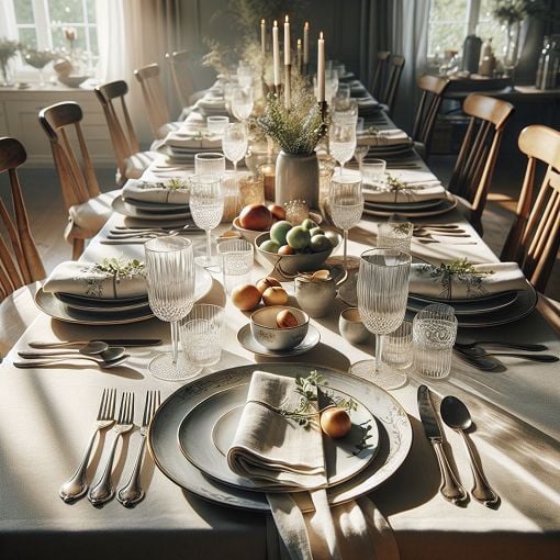 A beautifully set dining table with elegant tableware, showcasing mise-en-place techniques for a breakfast setting.