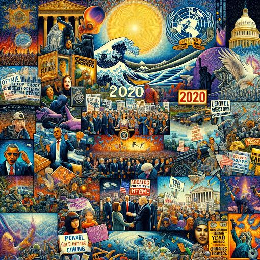 A collage of significant events from 2020 including movie awards, political protests, and climate change imagery, in a vibrant, engaging style.