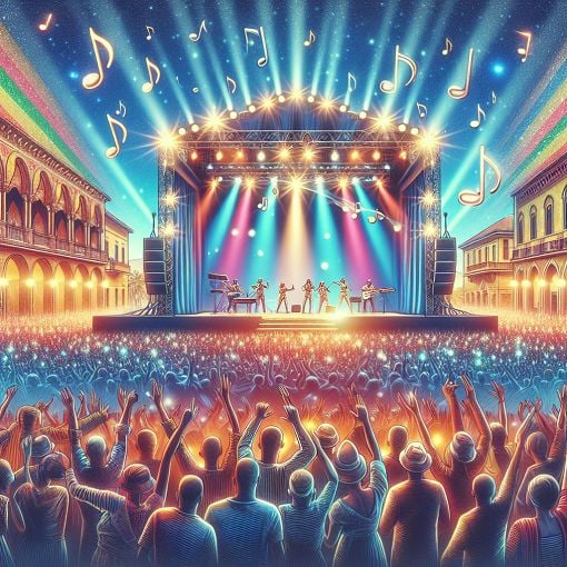 Create an image of a glamorous Italian music festival scene, showing a vibrant stage, enthusiastic crowds, musical notes in the air, and iconic Sanremo architecture in the background.