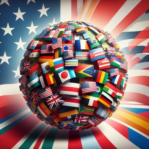 Create an image depicting a colorful collage of various national flags from around the world, with a globe in the background.