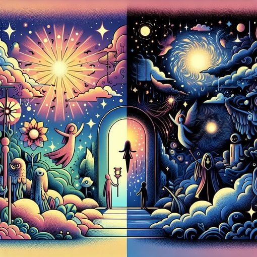 A whimsical illustration of dreamscapes contrasting light and dark themes, depicting elements of Prospit and Derse, with dream-like characters exploring their respective realms.