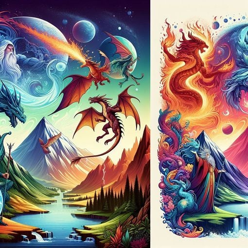 A vibrant illustration of various dragons from Dragon City, showcasing a heroic dragon, festive nature dragon, and an array of elemental dragons in a fantasy landscape.