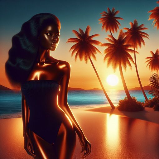 A vibrant and inviting image of a sun-kissed woman with a beautiful spray tan, standing in front of a beach backdrop with palm trees and sunset.