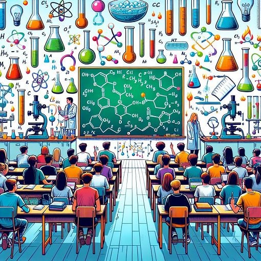 A vibrant classroom scene featuring a chalkboard filled with chemical equations, students engaged in learning chemistry, and colorful lab equipment, representing the excitement of chemistry education.