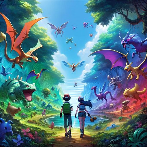 A vibrant illustration of two trainers, Will and Emily, exploring a lush Pokemon world filled with various Pokemon types. The scene should convey adventure, camaraderie, and the thrill of discovery, capturing the essence of their journey together.