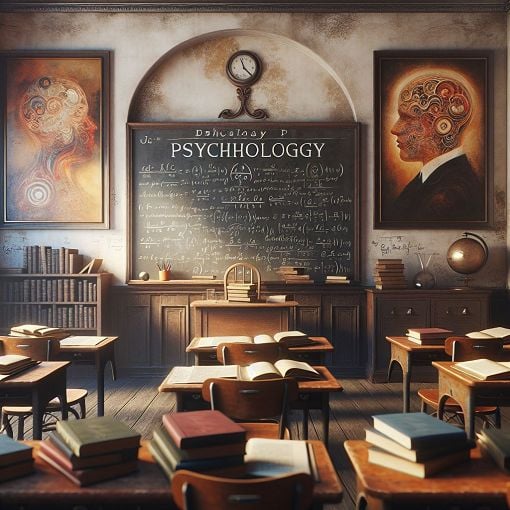 A vintage-style classroom scene with psychology books, a chalkboard, and portraits of famous psychologists hanging on the walls, evoking a sense of scholarly exploration.