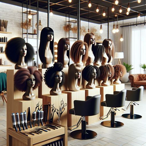 Create an image of a stylish hair salon interior with a focus on hair design principles, featuring diverse hairstyles on mannequin heads, hair styling tools, and a bright, inviting atmosphere.