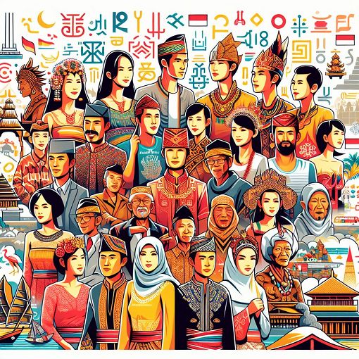 A vibrant illustration depicting the diverse ethnic groups, traditional costumes, and cultural landmarks of Indonesia, showcasing its rich heritage and variety of languages.