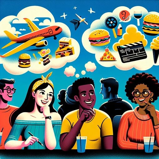 A vibrant and colorful illustration of friends having fun together while taking a quiz, with thought bubbles showing different interests like travel, food, and movies.