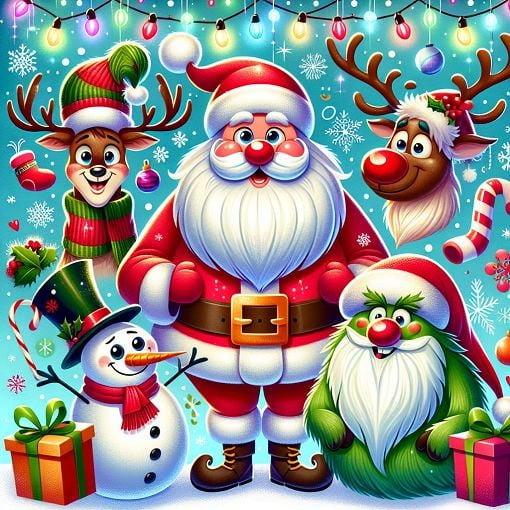 A whimsical, colorful illustration of popular Christmas characters like Santa, Rudolph, the Grinch, and Frosty the Snowman, surrounded by holiday decorations, presents, and Christmas lights.