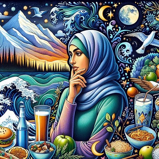 A colorful, engaging illustration of a person pondering their preferences, surrounded by various food items, drinks, and outdoor scenes that represent the sea, mountains, and nighttime.