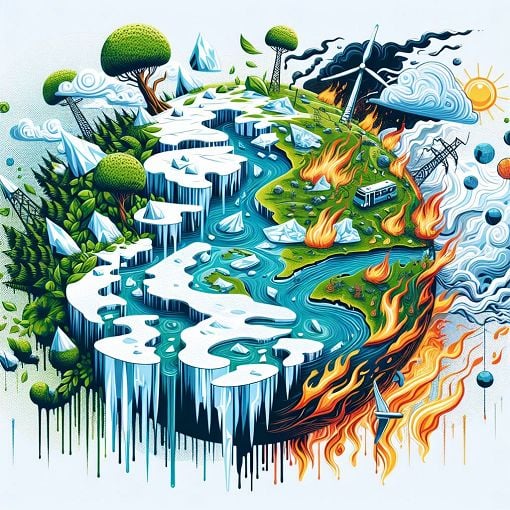 A vibrant illustration depicting global warming, with melting ice caps, rising sea levels, and a diverse environment showing both green renewable energy solutions and effects of climate change.