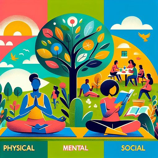 A colorful illustration depicting various aspects of health and well-being, including physical, mental, and social elements, with a vibrant and engaging design.