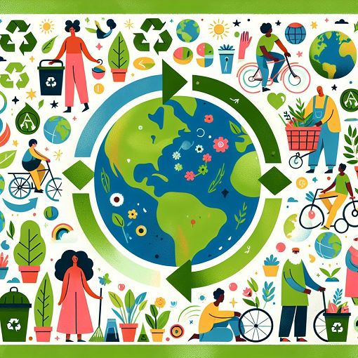 Create an illustration that represents the concepts of Circular Economy and sustainability, featuring a green planet, recycling symbols, and people engaging in eco-friendly practices in a vibrant, colorful style.