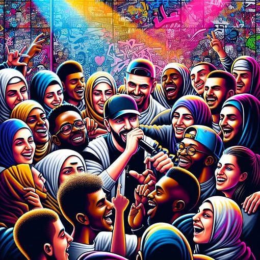 A vibrant and dynamic illustration of a Greek rap artist performing on stage, surrounded by enthusiastic fans, with graffiti art in the background and colorful lights illuminating the scene.