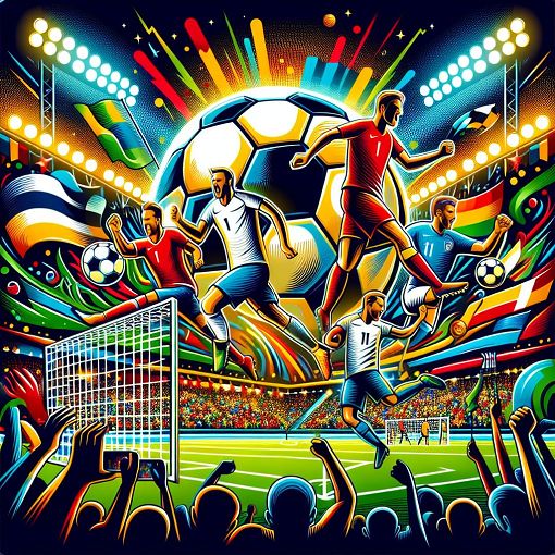 Create an engaging and colorful illustration featuring football elements, including a football, a goal post, and players from various national teams, set against a vibrant stadium backdrop.