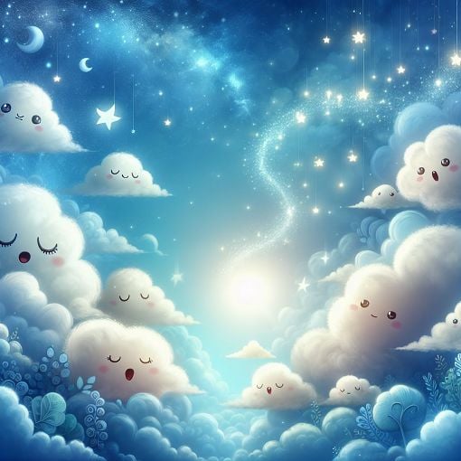 Create an imaginative illustration of fluffy, whimsical clouds with playful expressions, set against a bright blue sky, symbolizing innocence and joy in a poetic context.