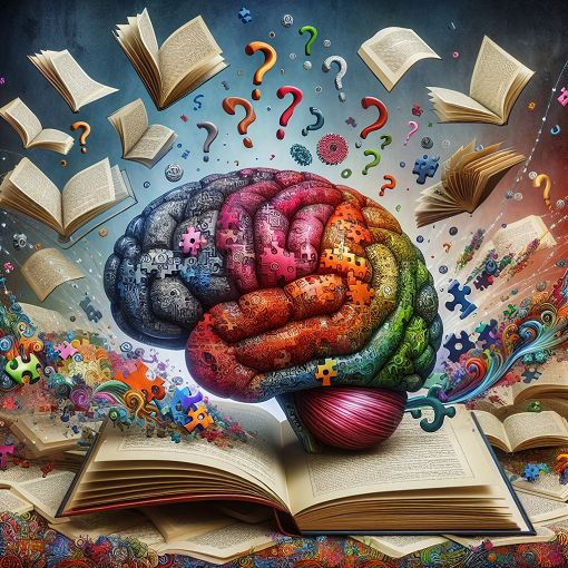 Create an engaging image of a brain with puzzle pieces, books, and question marks around it.