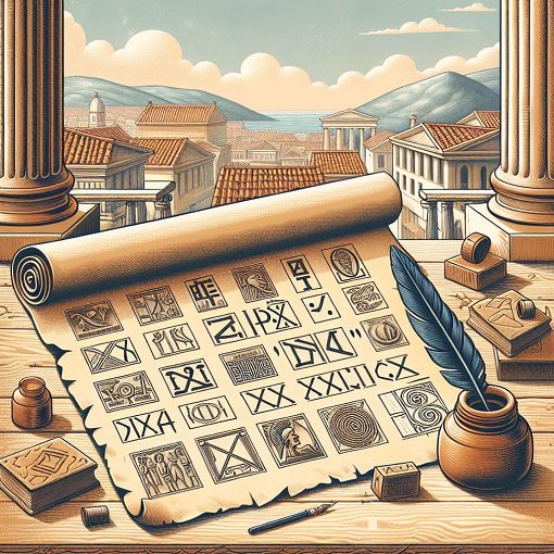 A visually engaging illustration of ancient Greek words and their meanings, featuring parchment, quills, and classical Greek architecture in the background.