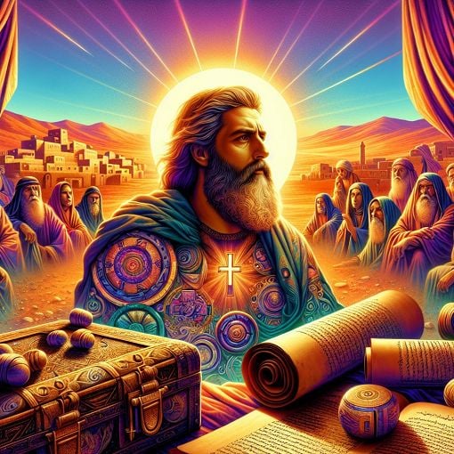 A vibrant and artistic depiction of biblical scenes featuring Jesus and his disciples in a desert landscape, with elements symbolizing faith and learning.