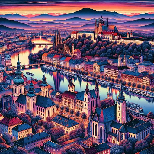 A picturesque view of Slovak cities, vibrant urban landscapes, historical architecture, and notable landmarks representing the different regions of Slovakia