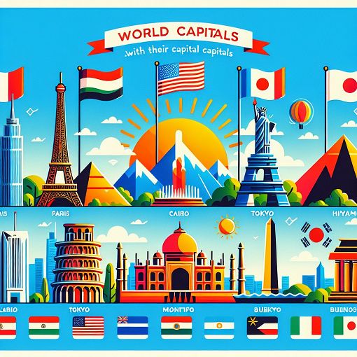 A vibrant and educational infographic depicting famous world capitals with landmarks and flags of countries, suitable for a quiz about capital cities.