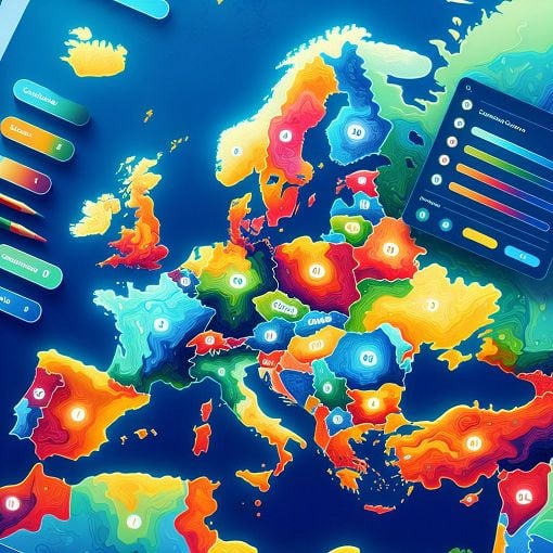 A vibrant and colorful map of Europe highlighting various countries in different shades, with a quiz interface overlayed on top.