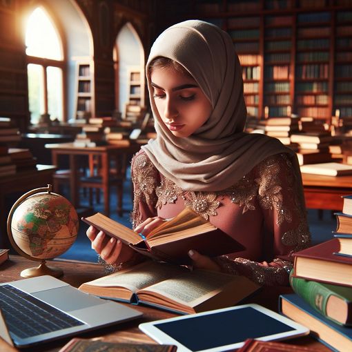 A young person thoughtfully engaging with a study material, surrounded by books and technology, in a vibrant educational environment.