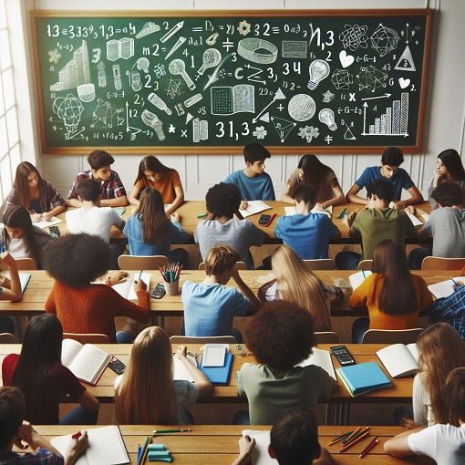 A classroom scene with mathematical equations on a chalkboard, and students working together, showcasing mathematical concepts in a fun way.