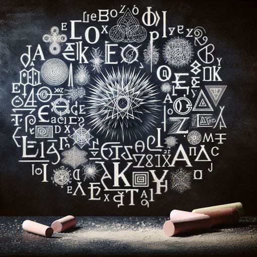 Create an engaging image of Greek letters, words, and a chalkboard background to represent a spelling quiz.