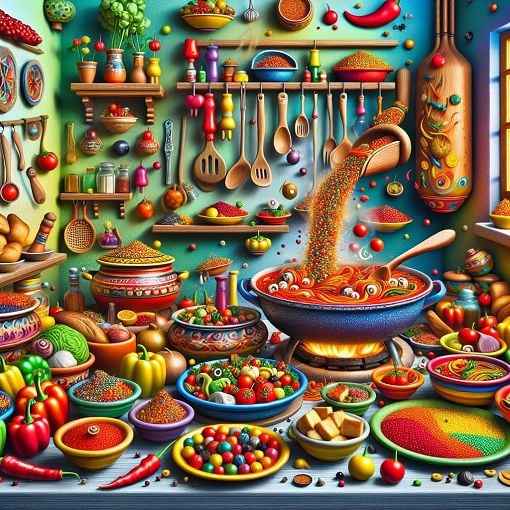 Create an image of a whimsical, colorful kitchen scene depicting traditional Romani cooking, including vibrant dishes and playful kitchen utensils, all infused with a sense of humor and joy.