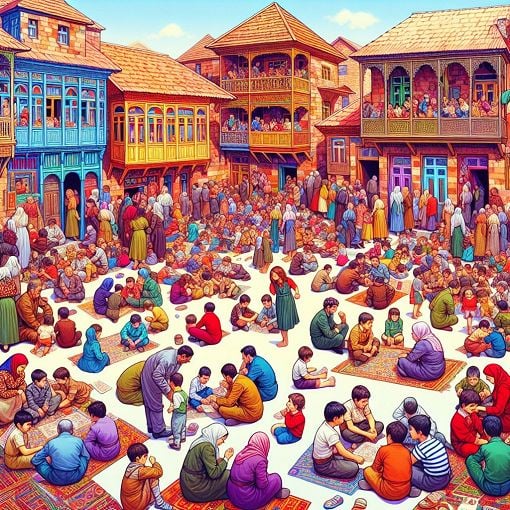 A vibrant illustration of a lively Armenian courtyard filled with people, colorful houses, and children playing, capturing the essence of community life and nostalgia.