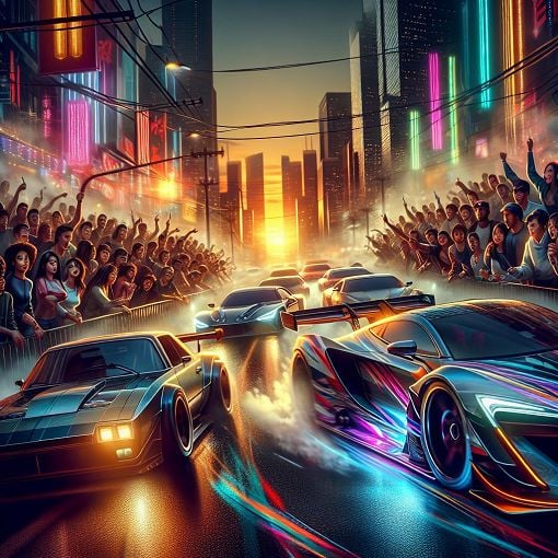 A vibrant, action-packed scene featuring iconic cars and characters from the Fast & Furious franchise, racing through a bustling city street at dusk. Include elements like neon lights and a diverse crowd of fans.