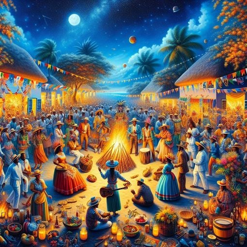 A vibrant illustration of Dia di San Juan celebrations in Aruba, featuring traditional costumes, colorful decorations, and community gatherings around a bonfire.