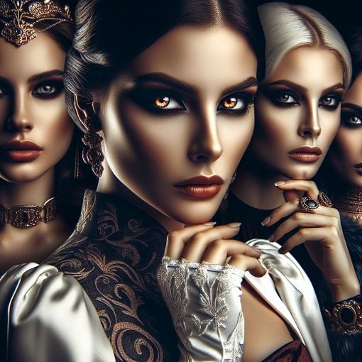 A captivating image depicting famous evil female characters from Greek television series, illustrated in a dramatic and engaging style, showing a mixture of power, cunning, and glamor.