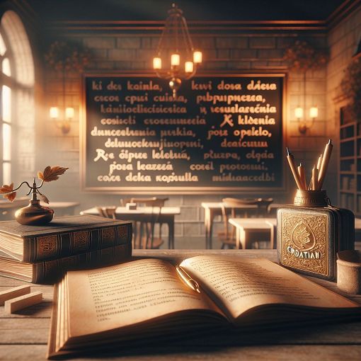 Create an engaging educational image representing the Croatian language, featuring elements like books, a pen, and a chalkboard, with a serene study environment in the background.