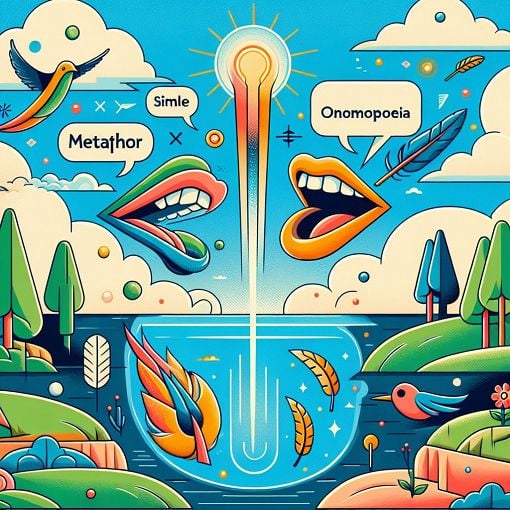 An imaginative illustration of various literary devices, such as metaphor, simile, and onomatopoeia, represented visually in an artistic way, with elements of nature and creativity.